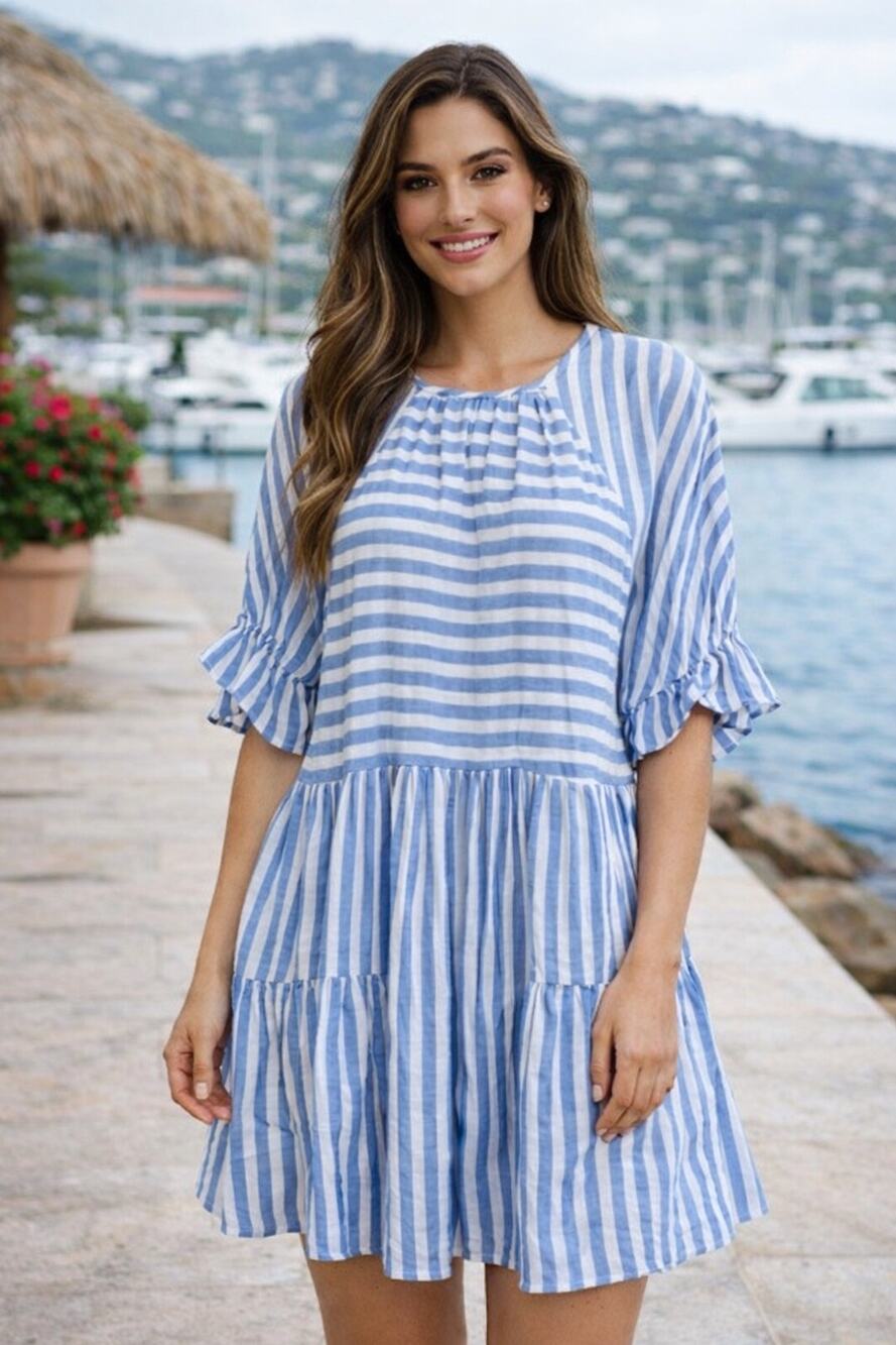 MAISIE Lex Puff Sleeve Babydoll Style Dress In Blue/White Stripe. NWOT. Size L.